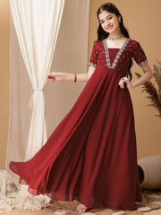 Girls Floral Embroidered Sequinned Pleated A-Line Maxi Georgette Ethnic Dress