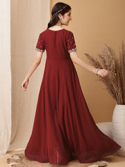 Girls Floral Embroidered Sequinned Pleated A-Line Maxi Georgette Ethnic Dress