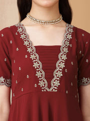 Girls Floral Embroidered Sequinned Pleated A-Line Maxi Georgette Ethnic Dress