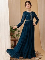 Girls Floral Embroidered Sequinned Georgette Ethnic Dress