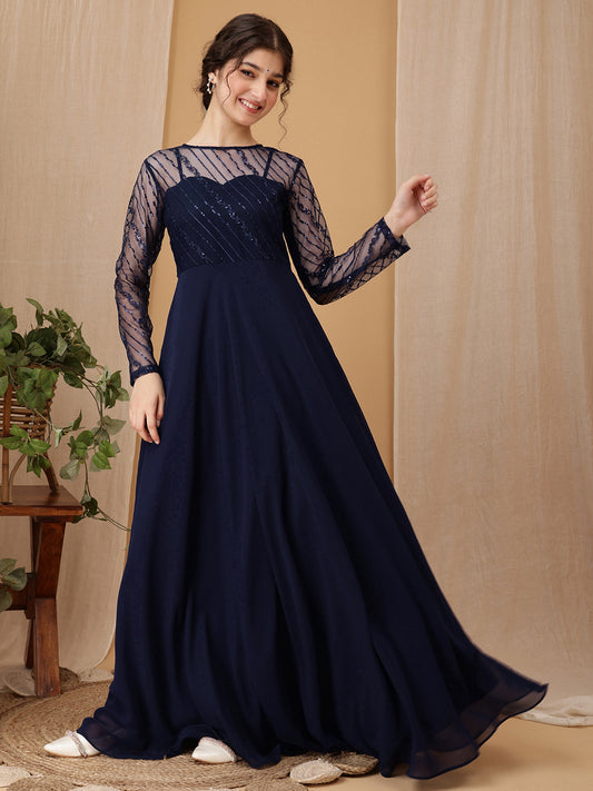 Girls Striped Thread & Sequinned Georgette Embroidered Ethnic Dress