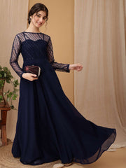 Girls Striped Thread & Sequinned Georgette Embroidered Ethnic Dress