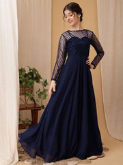 Girls Striped Thread & Sequinned Georgette Embroidered Ethnic Dress