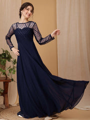 Girls Striped Thread & Sequinned Georgette Embroidered Ethnic Dress