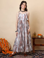 Girls Tie & Dye Pleated Shoulder Straps Ethnic Dress