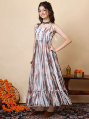 Girls Tie & Dye Pleated Shoulder Straps Ethnic Dress