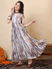 Girls Tie & Dye Pleated Shoulder Straps Ethnic Dress
