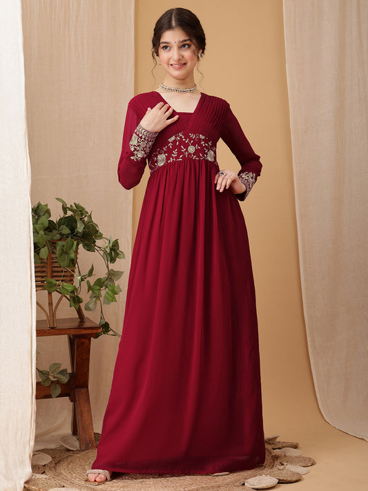 Girls Floral Embroidered Sequinned Pleated A-Line Maxi Georgette Ethnic Dress