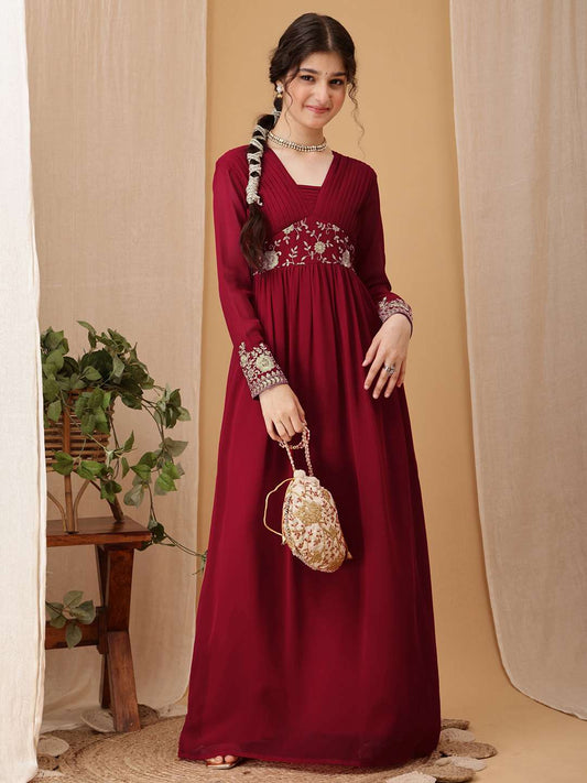 Girls Floral Embroidered Sequinned Pleated A-Line Maxi Georgette Ethnic Dress