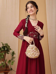 Girls Floral Embroidered Sequinned Pleated A-Line Maxi Georgette Ethnic Dress