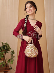 Girls Floral Embroidered Sequinned Pleated A-Line Maxi Georgette Ethnic Dress