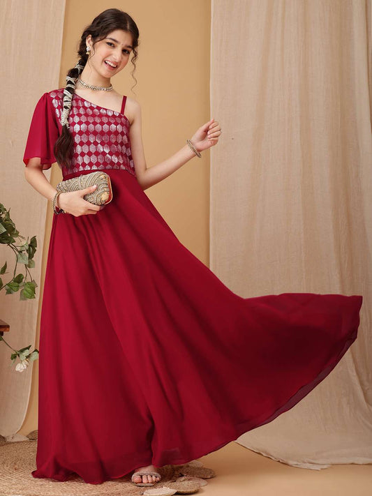 Girls Geometric Embroidered Sequinned A-line Ethnic Dress