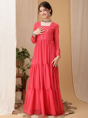 Girls Floral Embroidered Sequined Tiered Ethnic Dress