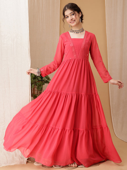 Girls Floral Embroidered Sequined Tiered Ethnic Dress