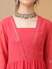 Girls Floral Embroidered Sequined Tiered Ethnic Dress