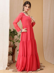 Girls Floral Embroidered Sequined Tiered Ethnic Dress