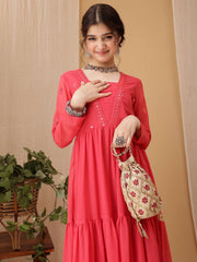 Girls Floral Embroidered Sequined Tiered Ethnic Dress