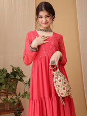 Girls Floral Embroidered Sequined Tiered Ethnic Dress