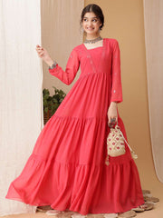 Girls Floral Embroidered Sequined Tiered Ethnic Dress