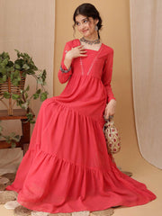 Girls Floral Embroidered Sequined Tiered Ethnic Dress