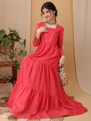 Girls Floral Embroidered Sequined Tiered Ethnic Dress