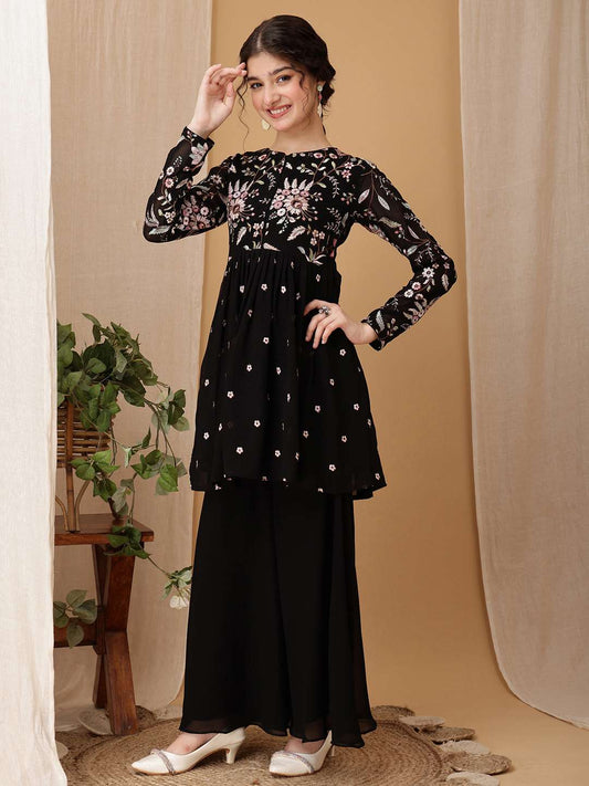 Girls Floral Embroidered Pleated Thread Work Kurta With Palazzo