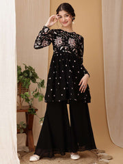 Girls Floral Embroidered Pleated Thread Work Kurta With Palazzo