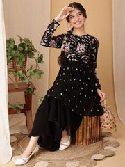 Girls Floral Embroidered Pleated Thread Work Kurta With Palazzo