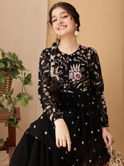 Girls Floral Embroidered Pleated Thread Work Kurta With Palazzo