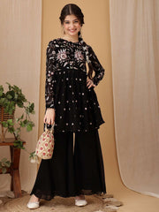 Girls Floral Embroidered Pleated Thread Work Kurta With Palazzo