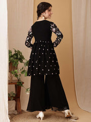 Girls Floral Embroidered Pleated Thread Work Kurta With Palazzo