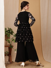 Girls Floral Embroidered Pleated Thread Work Kurta With Palazzo