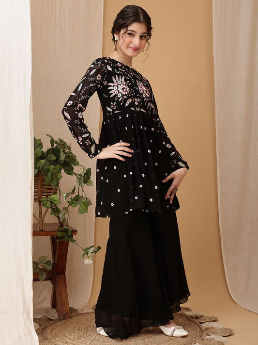 Girls Floral Embroidered Pleated Thread Work Kurta With Palazzo