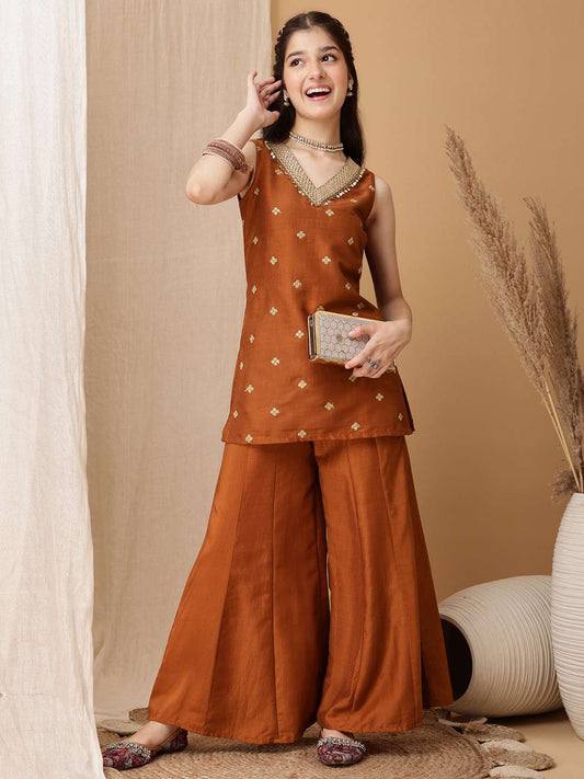 Girls Ethnic Motifs Embroidered Regular Sequinned Kurti with Palazzos