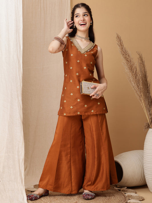 Girls Ethnic Motifs Embroidered Regular Sequinned Kurti with Palazzos