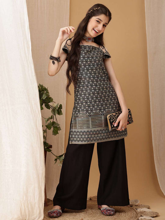 Girls Floral Regular Sequinned Kurta with Palazzos