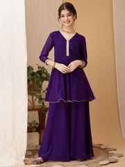 Girls Ethnic Motifs Embroidered V-Neck Mukaish Kurti With Palazzos