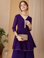 Girls Ethnic Motifs Embroidered V-Neck Mukaish Kurti With Palazzos