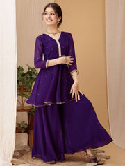 Girls Ethnic Motifs Embroidered V-Neck Mukaish Kurti With Palazzos