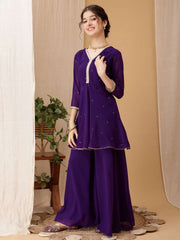 Girls Ethnic Motifs Embroidered V-Neck Mukaish Kurti With Palazzos