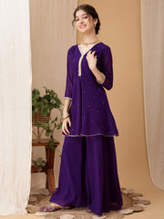 Girls Ethnic Motifs Embroidered V-Neck Mukaish Kurti With Palazzos