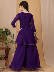 Girls Ethnic Motifs Embroidered V-Neck Mukaish Kurti With Palazzos