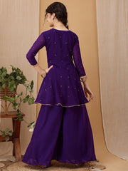 Girls Ethnic Motifs Embroidered V-Neck Mukaish Kurti With Palazzos