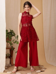 Girls Floral Embroidered A-Line Kurti with Palazzos