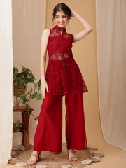 Girls Floral Embroidered A-Line Kurti with Palazzos