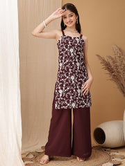 Girls Floral Embroidered Regular Thread Work Kurta with Palazzos