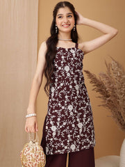 Girls Floral Embroidered Regular Thread Work Kurta with Palazzos