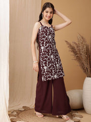 Girls Floral Embroidered Regular Thread Work Kurta with Palazzos