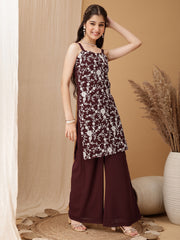 Girls Floral Embroidered Regular Thread Work Kurta with Palazzos