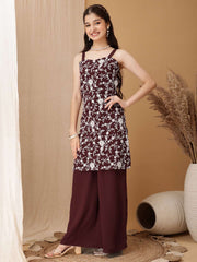 Girls Floral Embroidered Regular Thread Work Kurta with Palazzos